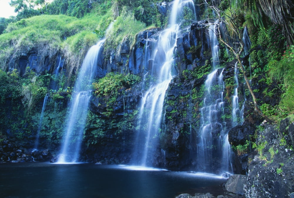 Hawaii Maui Hana Coast Waterfall Flows Into Blue Pool Canvas Art - Dave Fleetham Design Pics (38 x 24)