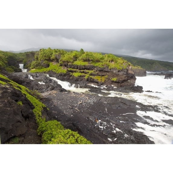 Hawaii, Maui, Hana, Seven Sacred Pools, a large stream and waterfalls. Poster Print (19 x 12)