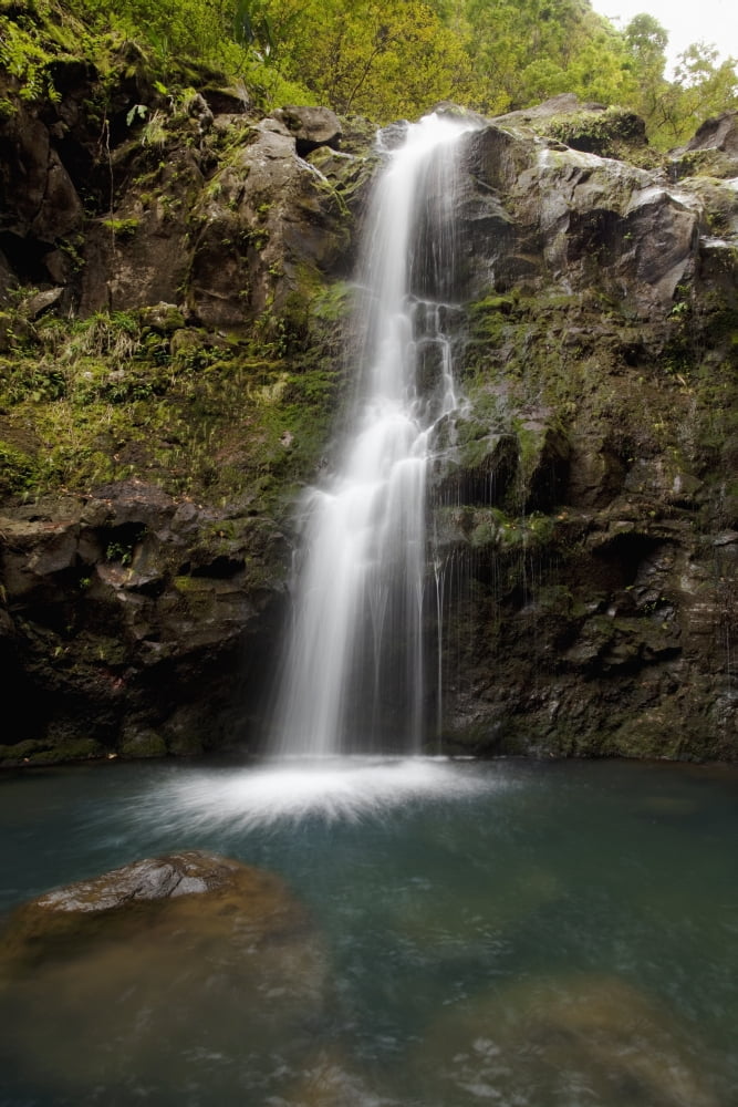 Hawaii Maui Hana The three Waikani Falls with a clear blue pond on The Road To Hana Canvas Art - Jenna Szerlag Design Pics (12 x 19)