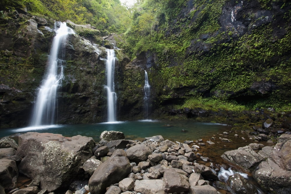 Hawaii Maui Hana The three Waikani Falls with a clear blue pond on The Road To Hana Canvas Art - Jenna Szerlag Design Pics (19 x 12)