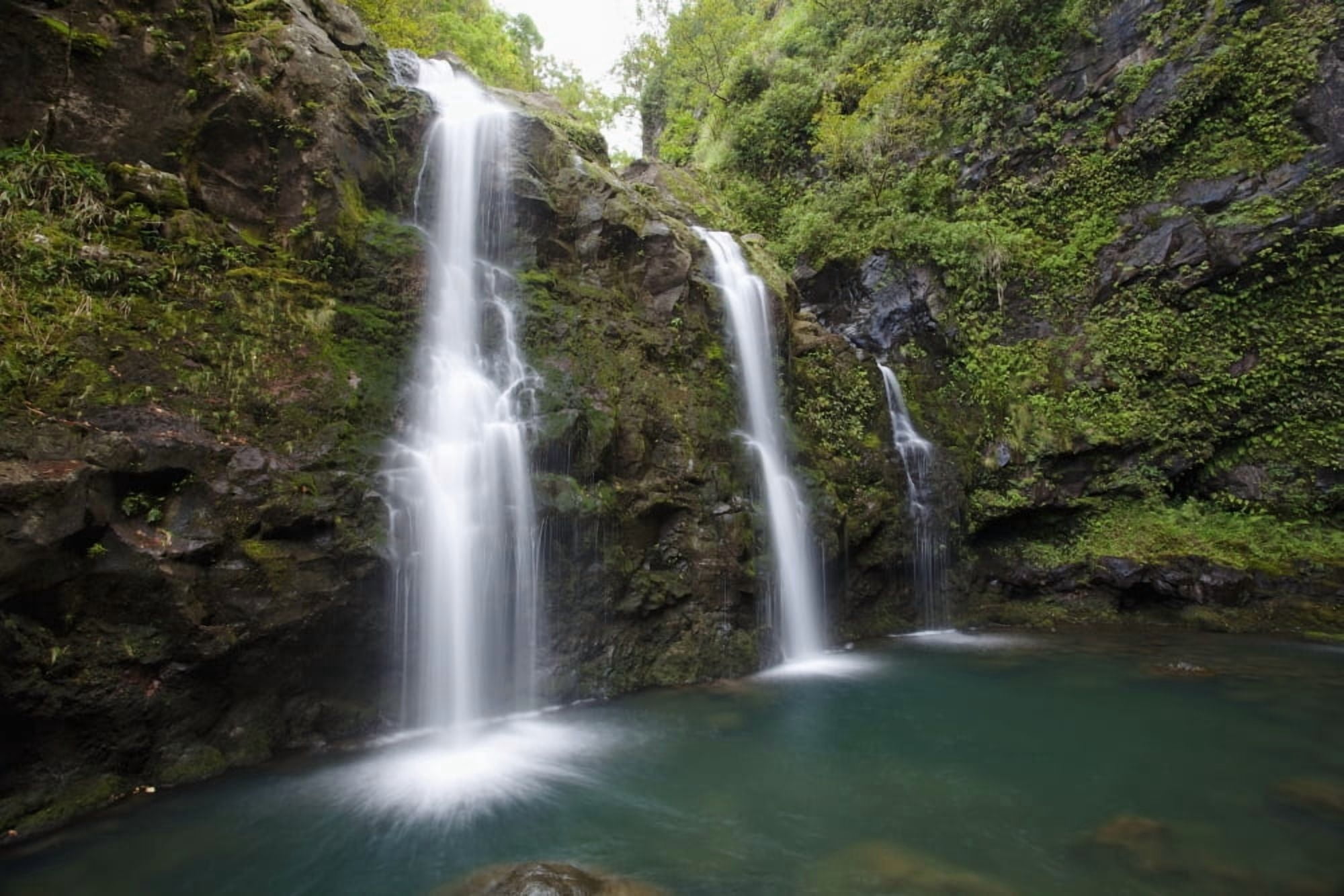 Hawaii Maui Hana The three Waikani Falls with a clear blue pond on The Road To Hana Canvas Art - Jenna Szerlag Design Pics (19 x 12)
