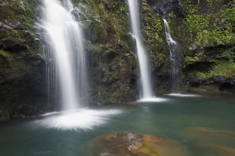 Hawaii Maui Hana The three Waikani Falls with a clear blue pond on The Road To Hana Canvas Art - Jenna Szerlag Design Pics (38 x 24)