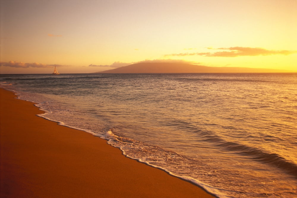 Hawaii Maui Hazy Orange Sunset Over Kaanapali Beach Gentle Waves Canvas Art - Dana Edmunds  Design Pics (19 x 12)