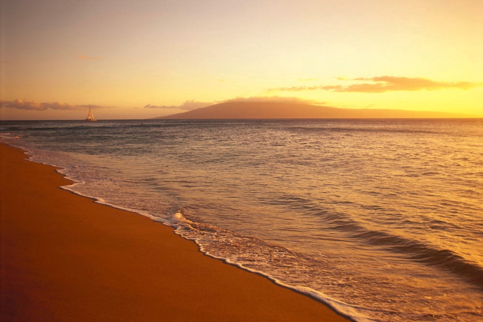 Hawaii Maui Hazy Orange Sunset Over Kaanapali Beach Gentle Waves Canvas Art - Dana Edmunds Design Pics (38 x 24)