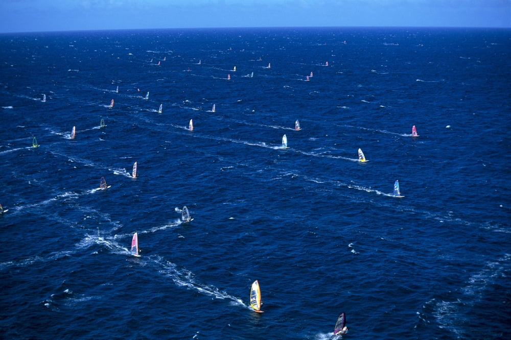 Hawaii Maui Hookipa Aerial Of Group Windsurfers Blue Ocean Horizon Canvas Art - Erik Aeder Design Pics (19 x 12)