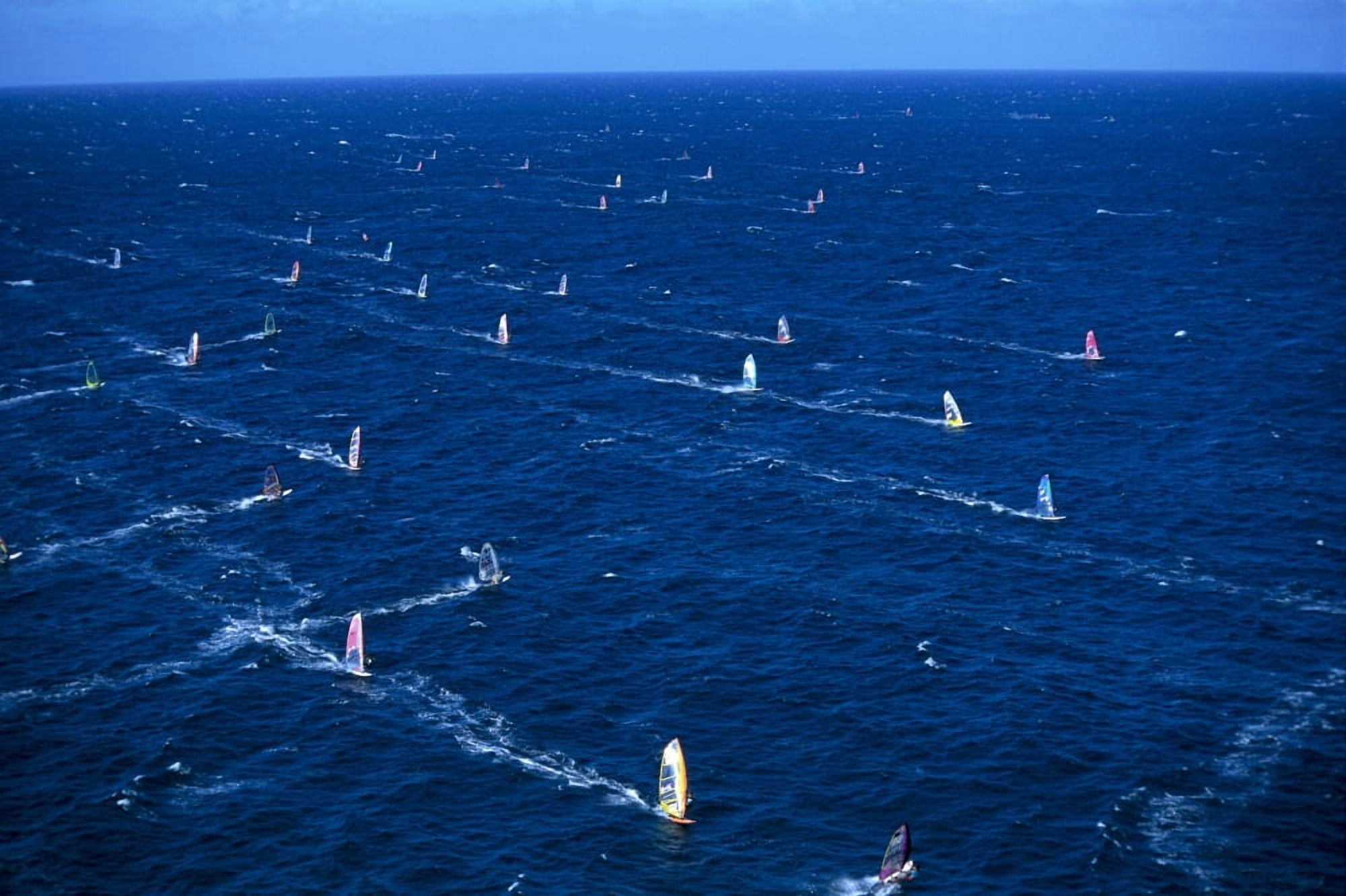 Hawaii Maui Hookipa Aerial Of Group Windsurfers Blue Ocean Horizon Canvas Art - Erik Aeder Design Pics (38 x 24)
