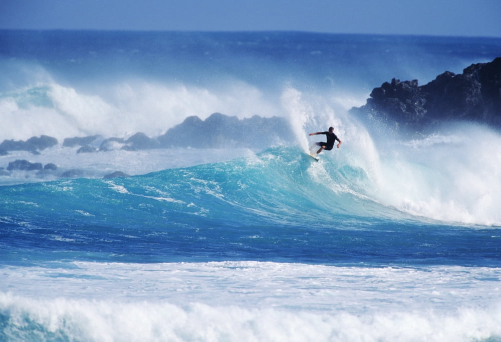 Hawaii Maui Hookipa Beach Park Pavillions Surfer Carving Top Of Wave Canvas Art - Ron Dahlquist Design Pics (34 x 22)