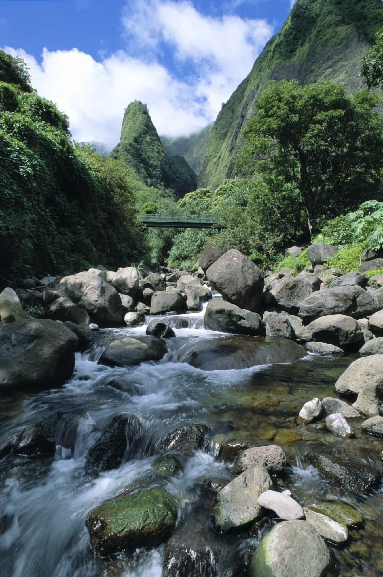 Hawaii Maui Iao Needle In Background Iao Stream Flow Action Large Rocks A48B Canvas Art - Robert Sablan Design Pics (12 x 19)