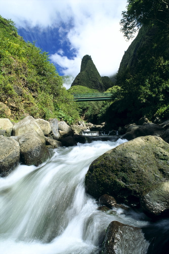 Hawaii Maui Iao Valley Iao Needle In Background Rushing Stream In Foreground Canvas Art - Chris Abraham Design Pics (24 x 38)