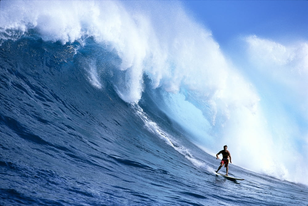 Hawaii Maui Jaws Sierra Emory Looks At Camera In Front Of Large Wave Canvas Art - Erik Aeder Design Pics (19 x 12)