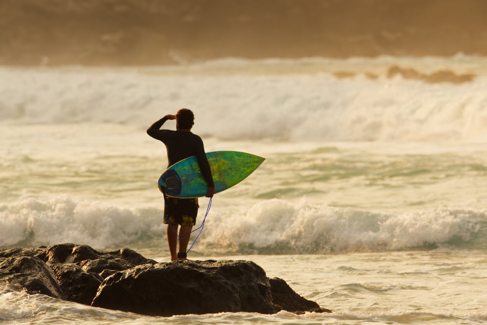 Hawaii Maui Kapalua Local Surfer Standing On A Rock Checking The Waves Canvas Art - MakenaStockMedia Design Pics (17 x 11)