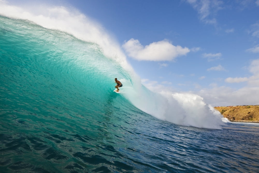 Hawaii Maui Kapalua Surfer Tides Perfect Wave At Honolua Bay View From Water Level Into The Barrel Canvas Art - MakenaStockMedia Design Pics (18 x 12)