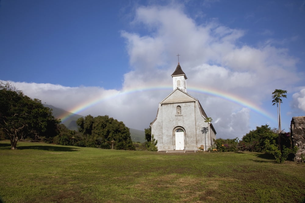 Hawaii Maui Kaupo A rainbow forms over St Josephs Church Canvas Art - Jenna Szerlag Design Pics (19 x 12)