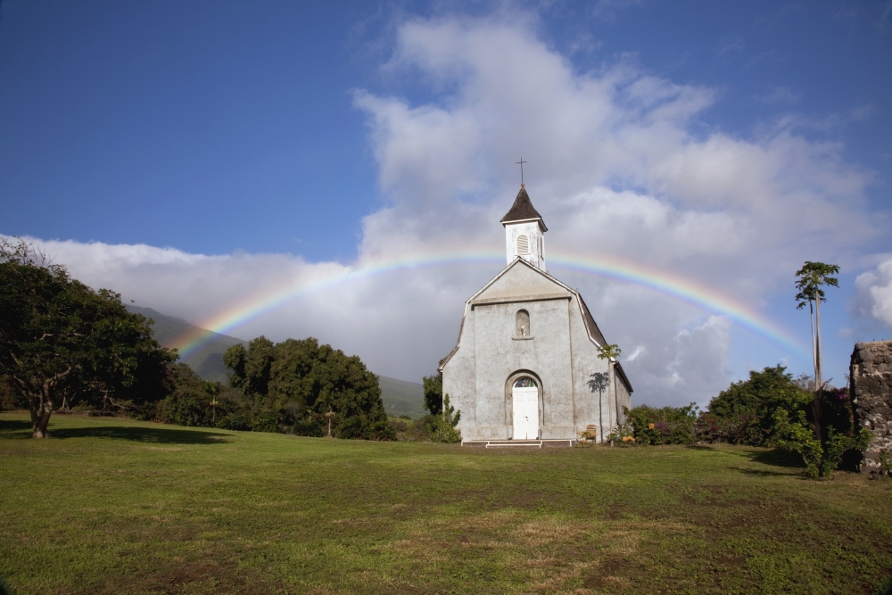 Hawaii Maui Kaupo A rainbow forms over St Josephs Church Canvas Art - Jenna Szerlag Design Pics (38 x 24)