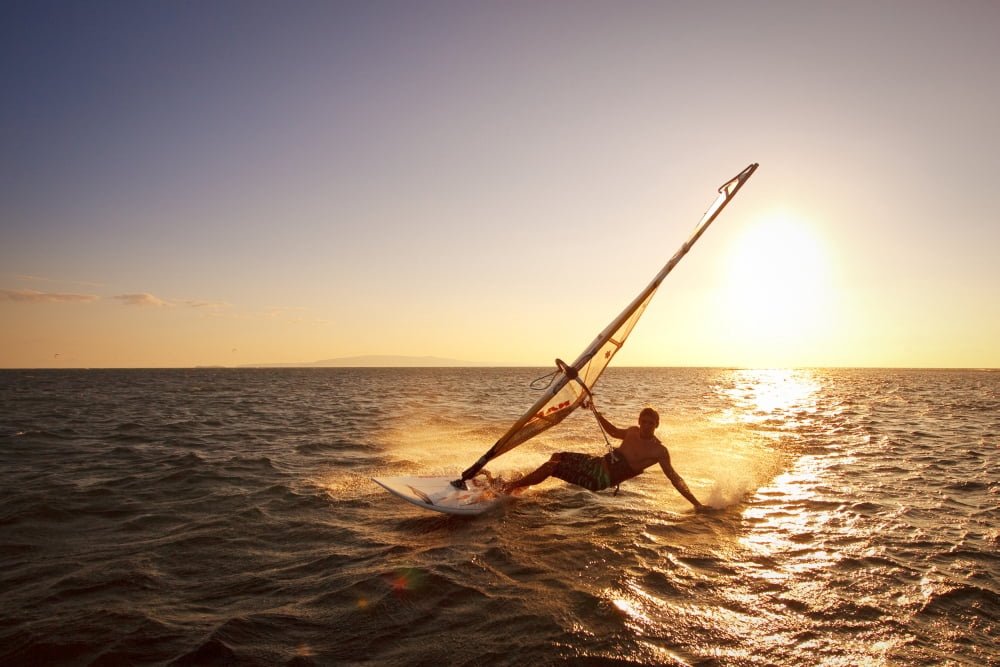 Hawaii Maui Kihei Windsurfer Sailing Off The Coast Of South Maui At Sunset Canvas Art - MakenaStockMedia Design Pics (34 x 22)