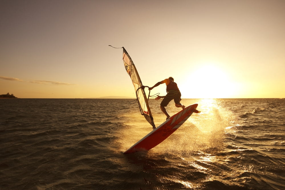Hawaii Maui Kihei Windsurfer Sailing Off The Coast Of South Maui At Sunset Canvas Art - MakenaStockMedia Design Pics (34 x 22)