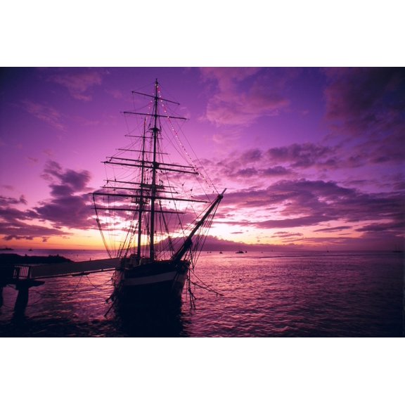 Hawaii Maui Lahaina Harbor Carthaginian Tall Ship At Sunset Silhouetted Pink And Yellow Sky A46A Canvas Art - Chris Abraham Design Pics (19 x 12)