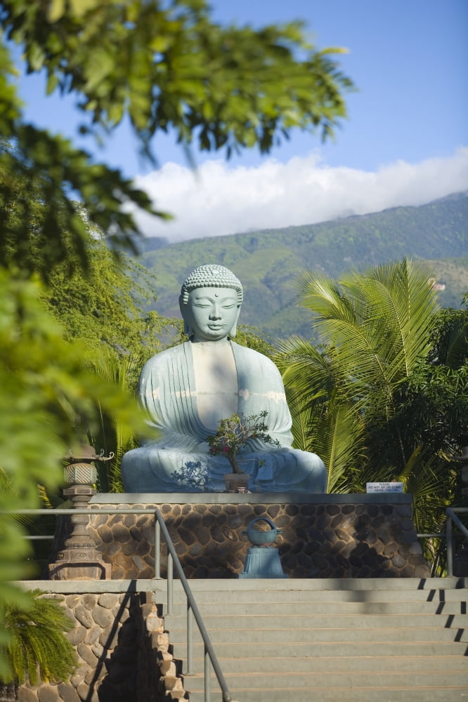 Hawaii Maui Lahaina Jodo Mission Buddha Statue Canvas Art - Ron Dahlquist Design Pics (22 x 34)