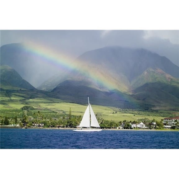 Hawaii  Maui  Lahaina  Rainbow In Front Of West Mauis Mountain Range With Sailboat In Ocean. Poster Print