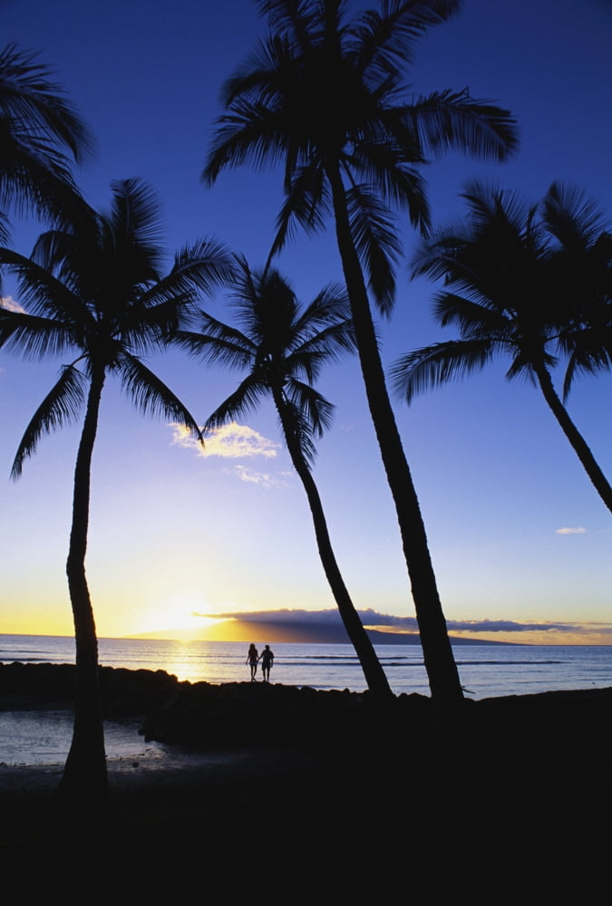 Hawaii Maui Launiupoko Park silhouette of couple holding hands walking along rock wall at sunset Canvas Art - Bill Schildge  Design Pics (12 x 19)