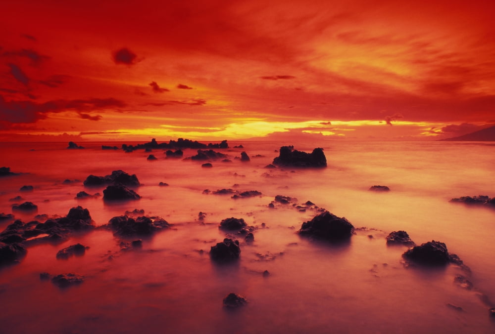 Hawaii Maui Lava Rock Beach At Sunset With Dramatic Red Yellow Sky And Shore Canvas Art - Dave Fleetham Design Pics (34 x 22)