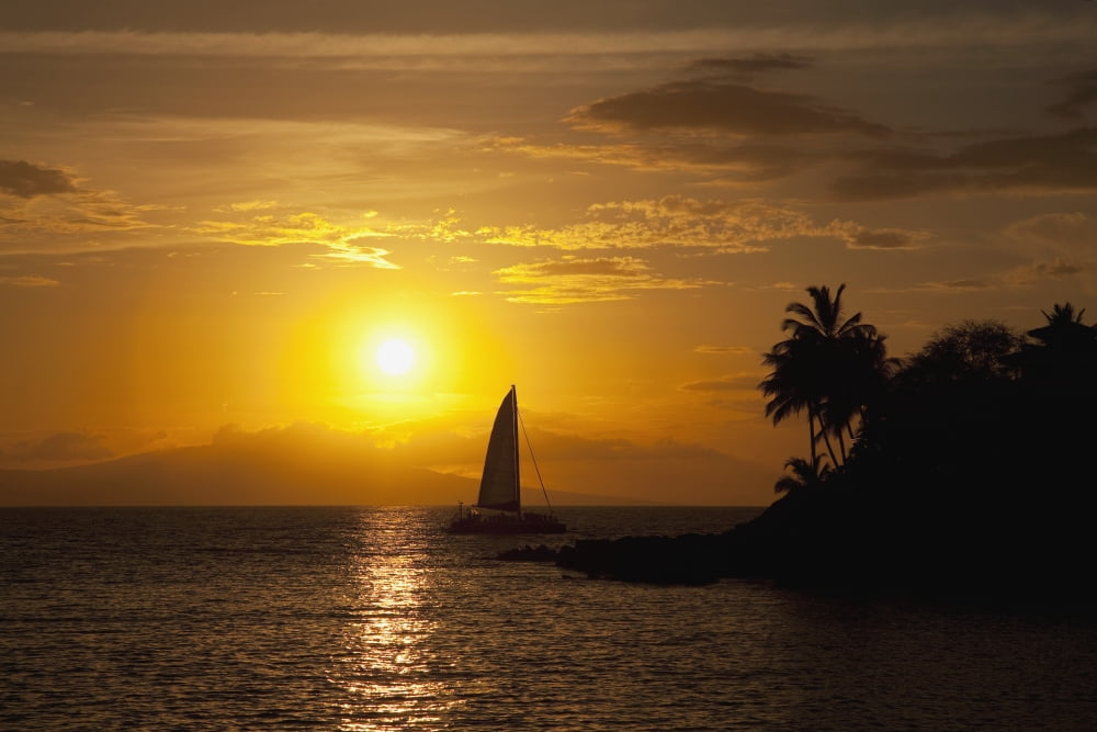 Hawaii Maui Makena A silhouette of a sailboat at sunset Canvas Art - Jenna Szerlag Design Pics (19 x 12)