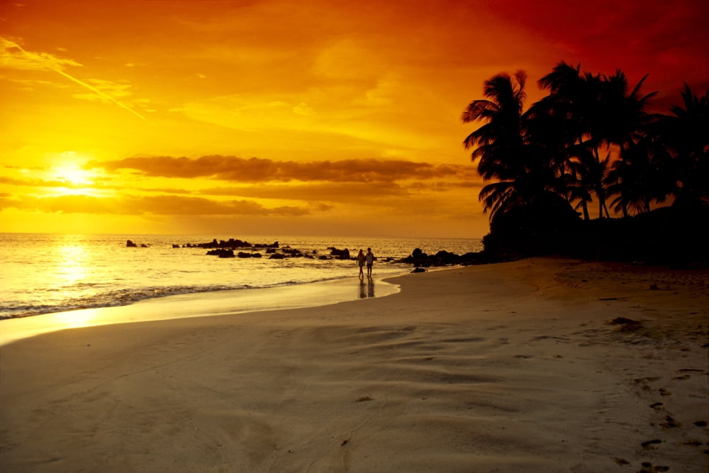Hawaii Maui Makena Beach Couple Walk Along Beach At Sunset Above Canvas Art - Dave Fleetham Design Pics (38 x 24)