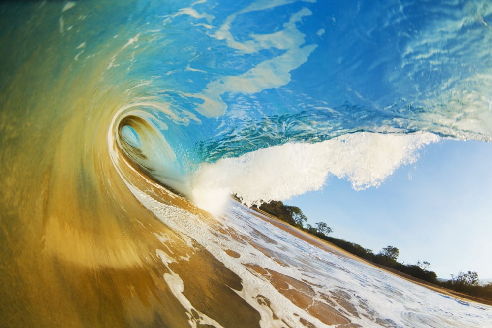 Hawaii Maui Makena Beautiful blue ocean wave breaking at the beach Canvas Art - MakenaStockMedia Design Pics (19 x 12)