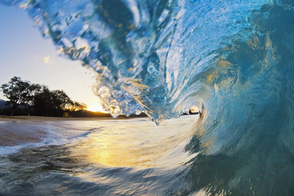 Hawaii Maui Makena Beautiful blue ocean wave breaking at the beach at sunrise Canvas Art - MakenaStockMedia Design Pics (19 x 12)
