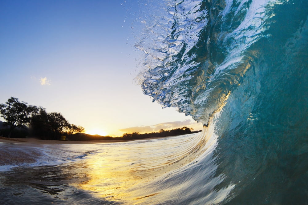 Hawaii Maui Makena Beautiful blue ocean wave breaking at the beach at sunrise Canvas Art - MakenaStockMedia Design Pics (38 x 24)