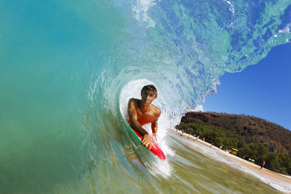 Hawaii Maui Makena - Big Beach Boogie Boarder Riding Barrel Of Beautiful Wave Along Shore Canvas Art - MakenaStockMedia Design Pics (17 x 11)