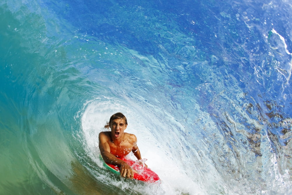 Hawaii Maui Makena - Big Beach Boogie Boarder Riding Barrel Of Beautiful Wave Canvas Art - MakenaStockMedia Design Pics (34 x 22)