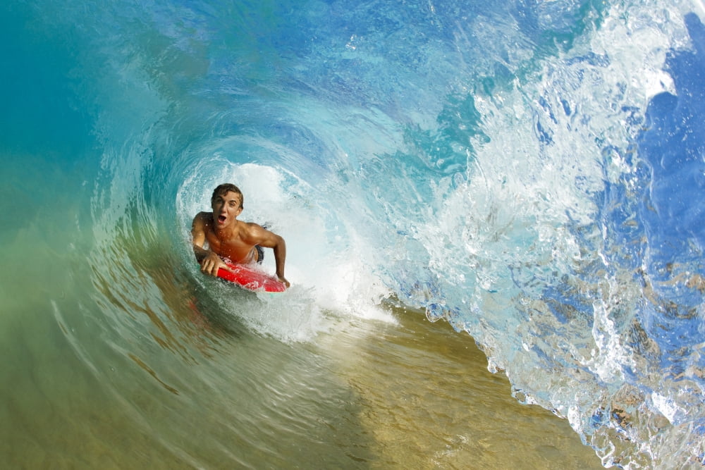 Hawaii Maui Makena - Big Beach Boogie Boarder Riding Barrel Of Beautiful Wave Canvas Art - MakenaStockMedia Design Pics (34 x 22)