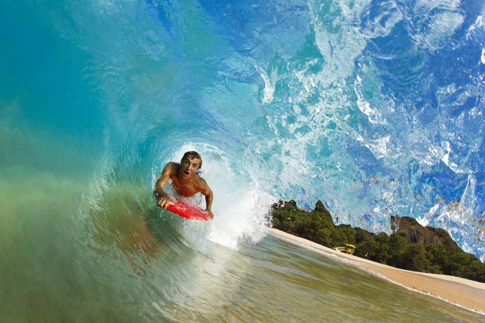 Hawaii Maui Makena - Big Beach Boogie Boarder Riding Barrel Of Beautiful Wave Canvas Art - MakenaStockMedia Design Pics (34 x 22)