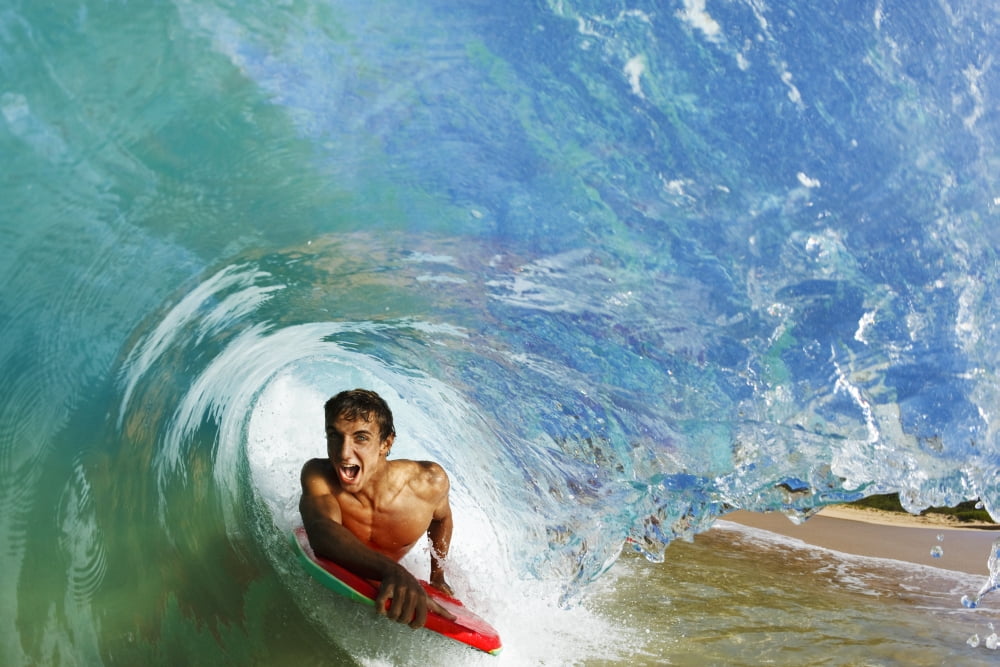 Hawaii Maui Makena - Big Beach Boogie Boarder Riding Barrel Of Beautiful Wave Canvas Art - MakenaStockMedia Design Pics (36 x 24)