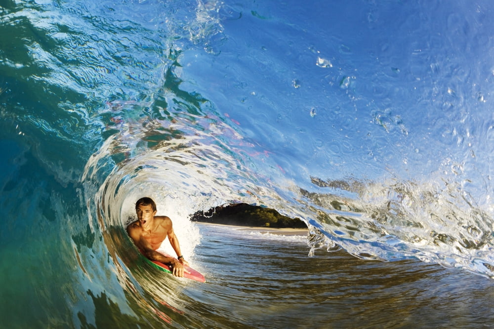Hawaii Maui Makena - Big Beach Boogie Boarder Riding Barrel Of Beautiful Wave Sunrise Light Canvas Art - MakenaStockMedia Design Pics (34 x 22)