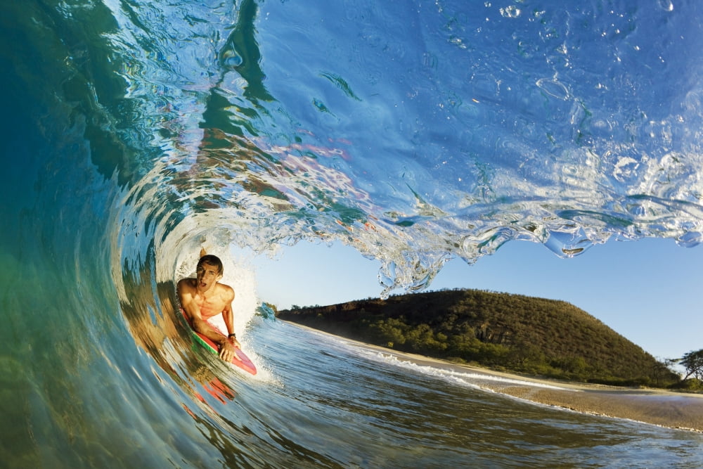 Hawaii Maui Makena - Big Beach Boogie Boarder Riding Barrel Of Beautiful Wave Sunrise Light Canvas Art - MakenaStockMedia Design Pics (34 x 22)