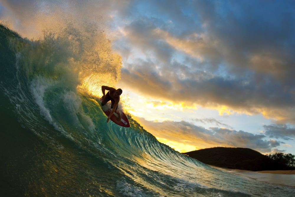 Hawaii Maui Makena - Big Beach Skimboarder Carving Turquoise Wave Sunset Light Canvas Art - MakenaStockMedia Design Pics (34 x 22)