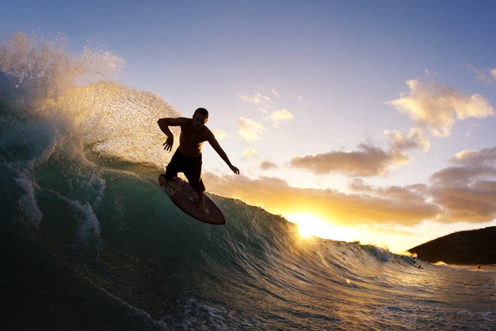 Hawaii Maui Makena - Big Beach Skimboarder Carving Wave Sunset Light Canvas Art - MakenaStockMedia Design Pics (34 x 22)