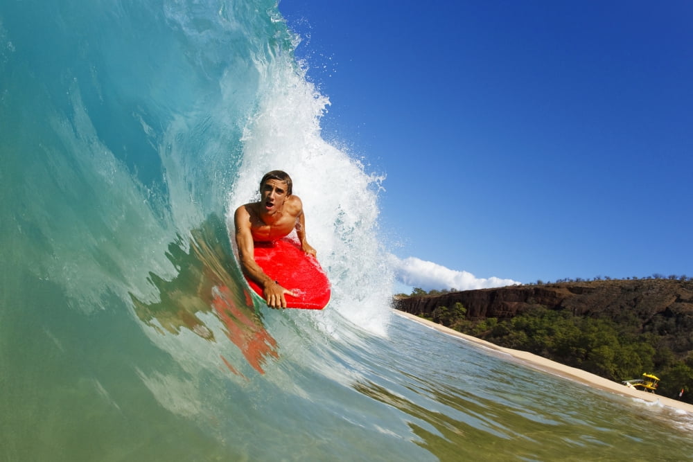 Hawaii Maui Makena - Big Beach Young Man Boogie Boarding On Beautiful Wave Canvas Art - MakenaStockMedia Design Pics (17 x 11)