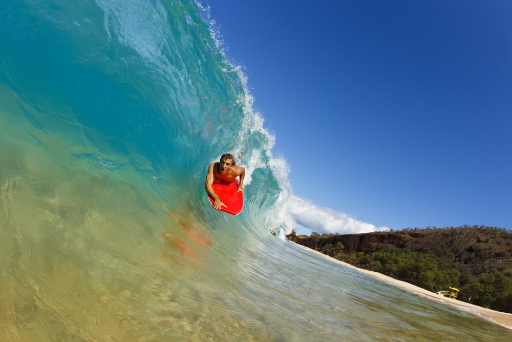 Hawaii Maui Makena - Big Beach Young Man Boogie Boarding On Beautiful Wave Canvas Art - MakenaStockMedia Design Pics (34 x 22)