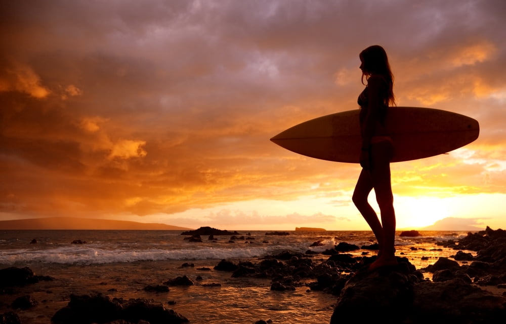 Hawaii Maui Makena Silhouette Of Surfer Girl At Sunset Canvas Art - MakenaStockMedia Design Pics (36 x 24)