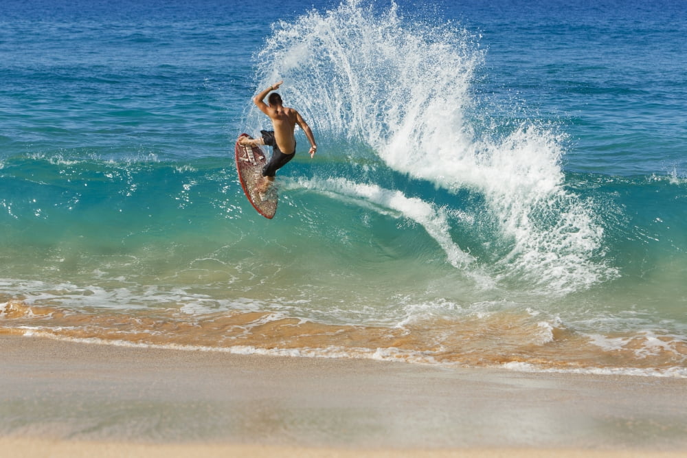 Hawaii Maui Makena Skimboarder Carves Big Turn On Wave Canvas Art - MakenaStockMedia Design Pics (36 x 24)
