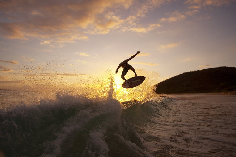 Hawaii Maui Makena Skimboarder Gets Big Air Off A Wave At Sunset Canvas Art - MakenaStockMedia Design Pics (36 x 24)