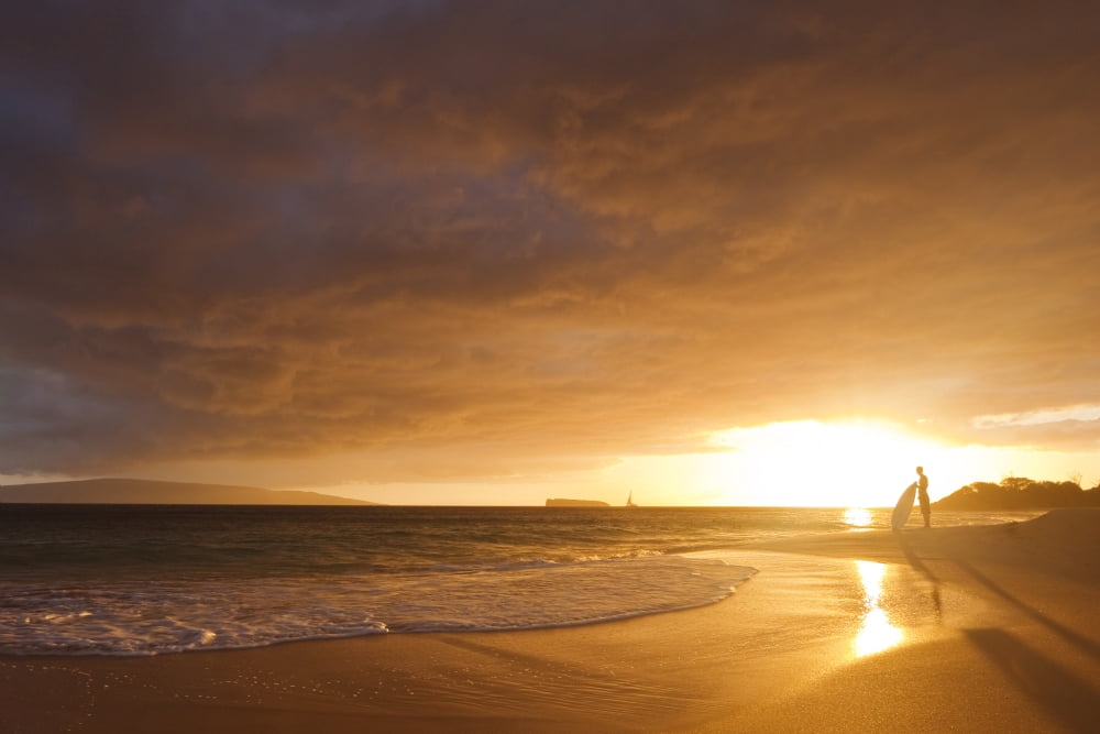 Hawaii Maui Makena Skimboarder Silhouette At Sunset Canvas Art - MakenaStockMedia Design Pics (34 x 22)