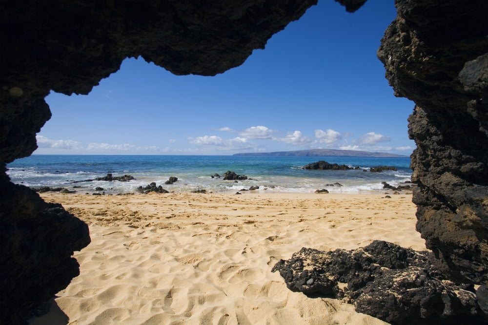 Hawaii Maui Makena View From Secret Beach Of Kahoolawe From Inside Of A Lavatube Cavern Canvas Art - Ron Dahlquist Design Pics (17 x 11)