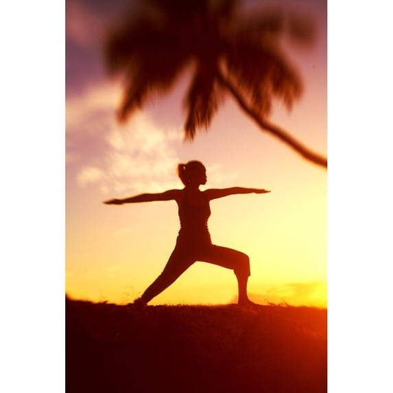Hawaii, Maui, Olowalu, Woman Doing Yoga At Sunset Under Palm Tree. Poster Print (11 x 17)