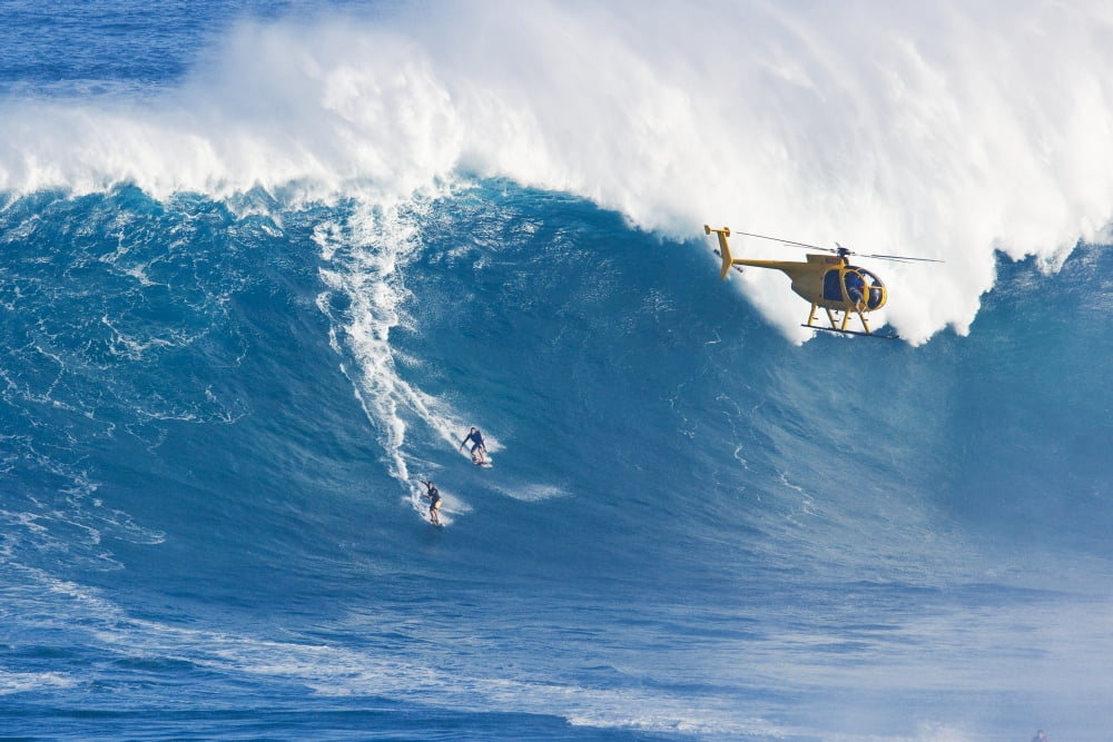 Hawaii Maui Peahi (Jaws) Helicopter Two Surfer Ride A Giant Wave Canvas Art - MakenaStockMedia Design Pics (38 x 24)