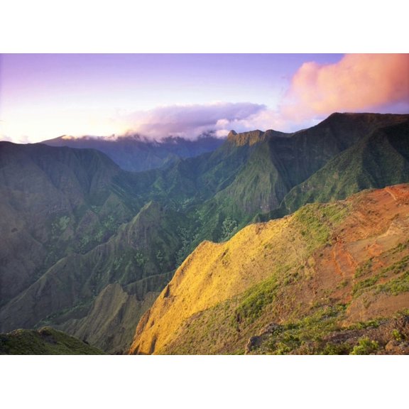 Hawaii Maui Ukumehame Gulch And West Maui Mountains At Sunset Orange Cloud With Green Mountains In Background Canvas Art - Dave Fleetham Design Pics (18 x 13)