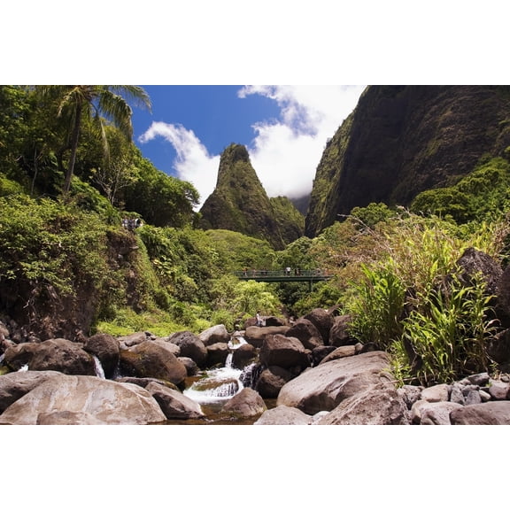 Hawaii, Maui, View Of Iao Needle With Stream, Blue Sky, Clouds Poster Print (18 x 12)